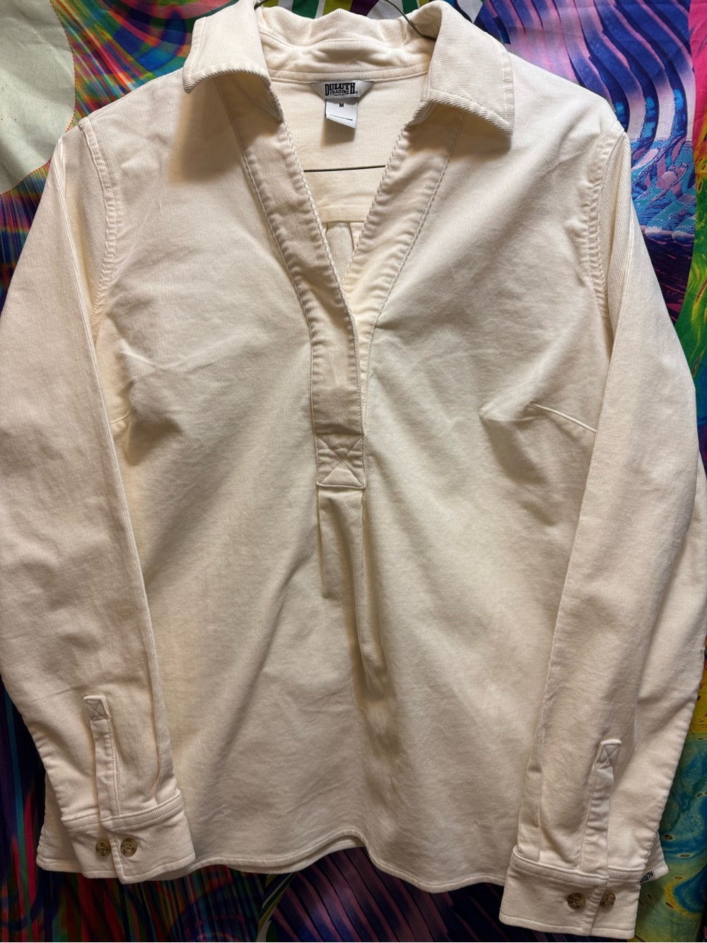 Duluth Trading Co. Cream Button-Cuff Popover Top